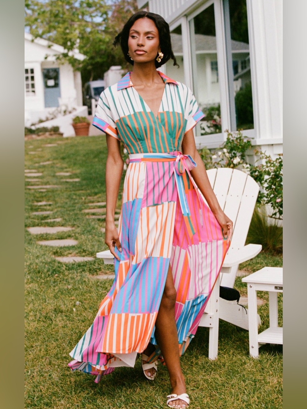 Hutch Johnnie Multicolor Striped Wrap Maxi Dress in Blue, Pink, Orange NWT Sz L - Picture 3 of 7